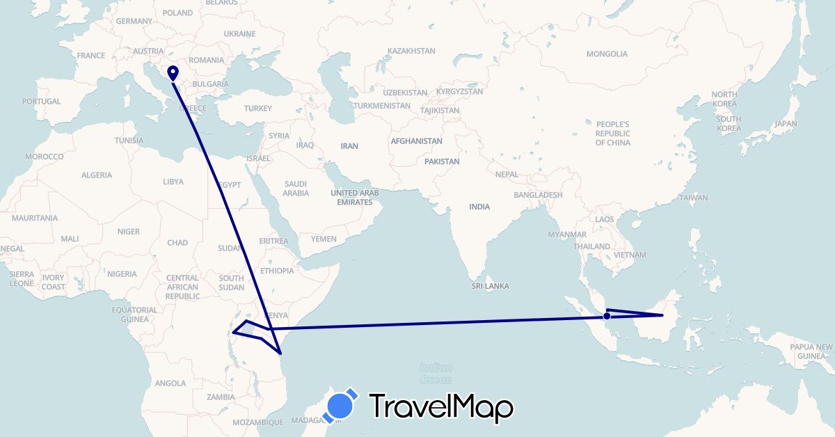 TravelMap itinerary: driving in Croatia, Indonesia, Kenya, Malaysia, Rwanda, Singapore, Tanzania, Uganda (Africa, Asia, Europe)